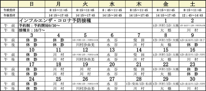 今月の内科担当医表